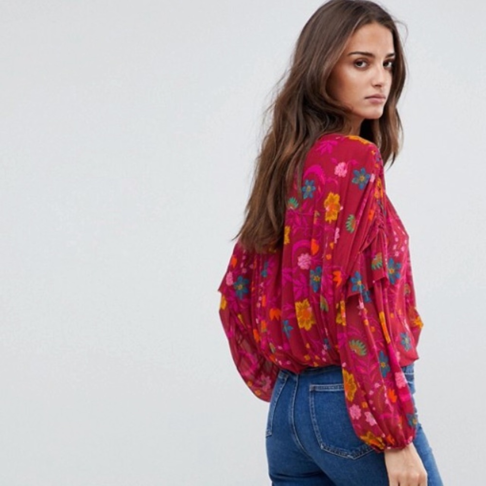 Free People Wildflower Honey Top Blouse Berry S